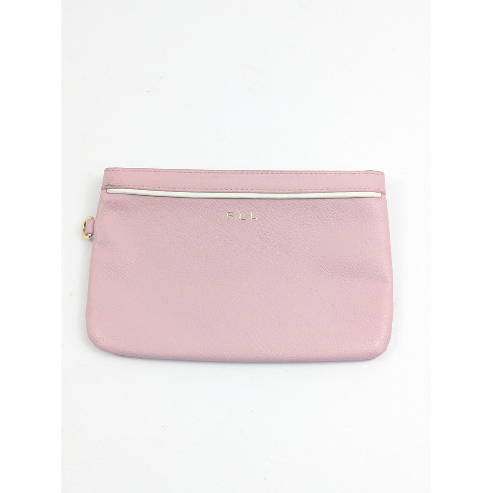 Ralph Lauren Pink Leather Wristlet‎ Clutch Pouch RLL Logo Gold Zip Womens